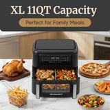 Elite Gourmet Dual Zone Air Fryer Oven 11QT, Dual Basket Air Fryer with Divider, Sync Finish & Sync Cook, PFAS Free Nonstick, 10 Presets, Air Fry Bake Roast Broil Toast Dehydrate, 1600W Black