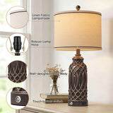 WIHTU Farmhouse Table Lamps Set of 2, Black-Gold Resin Table Lamps with USB Ports, Touch Button Switch, Woven Wicker Pattern, Linen Shade, Nightstand Lamp for Decor (2 Bulbs Included)