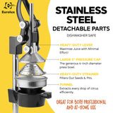 Eurolux Ultra-Premium Cast Iron Juicer | Extra-Large, Heavy Duty, Commercial Grade, Stainless Steel Manual Hand Press Citrus Squeezer For Fresh Orange Juice, Pomegranate, Lemon, and Much More (Black)