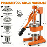 Jusfoouo Cast Iron Citrus Juicer - 13.8LB Heavy Duty Manual Orange Press, 304 Stainless Steel Cup & Strainer, Professional Lemon Grapefruit Pomegranate Squeezer for Home Bar Kitchen, Orange