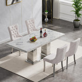 Maotifeys White Marble Dining Table for 6 Modern Luxury Faux Marble Kitchen Table for 4-6,68" Large Dining Room Tables with Columnar-Shape Silver Stainless Steel Base