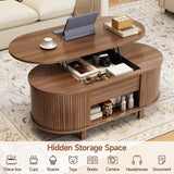 ONBRILL 43.3" Oval Lift Top Coffee Table with Hidden Compartment, Fluted Wood Coffee Table with Sliding Door, Mid-Century Modern Lift Tabletop Dining Table for Living Room, Home Office, Walnut