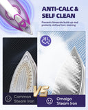 Omaiga Steam Iron for Clothes, 1750W Fast Heating with Powerful Steam, 15.21oz/450ml Large Water Tank, Ceramic Soleplate, Anti-Drip, Self-Cleaning, 3-Way Auto Shut Off for Home Laundry