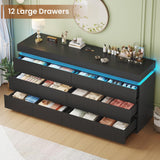 HAUOMS 12 Drawer Dresser with LED Light, Black Modern Chest of Drawers for Bedroom,Long Dresser with Drawers for Living Room, Entryway, Hallway