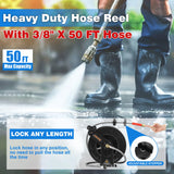 FIXFANS Pressure Washer Hose Reel with Hose for Hot and Cold Water, 3/8" X 50 FT Steel Auto-Retractable High Power Wash Hose Reel, Heavy Duty Hose Reel - Wire Braided Hose 4000 PSI, Black