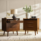 HULALA HOME 2 Drawer End Table with Pull-Out Shelf, Mid-Century Modern End Table with Wood Legs, Wood Side Table with Charging Station(Walnut, Set of 2)