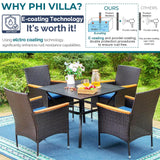 PHI VILLA 5pc Patio Dining Set with Umbrella, Square Table, Rattan Chairs