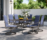 PHI VILLA Outdoor Dining Set for 6, Swivel Mesh Chairs & Metal Table, Blue