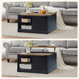 Tltaroni Farmhouse Lift Top Coffee Table, Wood Square Coffee Table with Sliding Barn Door and Adjustable Shelf Rustic Center Table with Hidden Storage Compartment for Living Room, Black