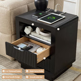 YANSNWO Black Nightstand with Charging Station, 23.6" H Modern Bedside Table with Thickened Curved Profile Design, End Table with 2 Drawers for Bedroom