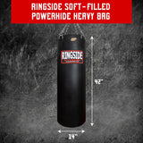 Ringside 100 lb Powerhide Heavy Bag for Boxing, MMA, Muay Thai & Kickboxing, Soft Filled Punching Bag with Foam Liner, Chain & Swivel Included, Black