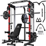 JELENS C21 Power Cage, 2000LBS Multi-Function Power Rack with Independent Dual Pulley System, All-in-One Squat Rack for Cable Crossover, Home Gym Workout Machine (Red, 230LB Black Weights)