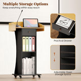 Podium Stand with Metal Wheels Wooden Teacher Lectern Portable Pulpit Standing