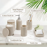 LIN CHUAN 6-Piece Bathroom Accessories Set, Bathroom Accessory Set with Soap Dispenser, Toothbrush Holder Set, Vanity Tray, Tumbler & 2 Cotton Swab Jars, Modern Stylish Bathroom Organizer(Beige)