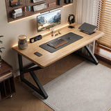 Modern Solid Wood Computer Desk, 55" Farmhouse Style Home Office Workstation with Metal Frame, Ideal for Study, Writing, Gaming, and Dining - Natural Finish