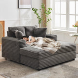 GarveeHome 60-inch Oversized Chaise Lounge Chair Indoor, Comfy Corduroy Lounge Sofa with Charging Station, Cup Holders & Throw Pillows, Cozy Sleeper Couch for Living Room Apartments, Grey