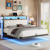 ChicZhiNest Queen Floating Bed Frame with Headboard, LED Floating Bed Frames with Charging Station and Upholstered Backrest, Storage Shelf, No Box Spring Needed, Easy Assembly, Noise-Free, Black