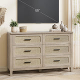 PIXOURA Rattan 6 Drawer Dresser for Bedroom, 48'' Wide Chest of Drawers with Metal Handles, Boho Dresser TV Stand, Wood Closet Dresser for Living Room, Hallway, Grey Oak