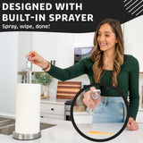 Stainless Steel Paper Towel Holder with Spray Pump – One-Handed Tear, Smart Traction System, 5 oz Sprayer Bottle, Heavy Duty Suction Cups, Weighted Base, Kitchen Towel Dispenser for Countertop Use