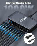 1000W USB C Charger Block,10-Port USB C GaN Multiple Port Charging Station