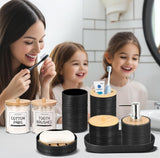 IMAVO Bathroom Accessory Set-11Pcs Black Bathroom Accessories Set with Trash Can,Soap Dispenser,Soap Dish,Toothbrush Holder,Toothbrush Cup,Toilet Brush Holder,Qtip Holder Dispenser with Labels