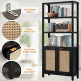 SICOTAS 71" Tall Rattan Bookshelf with Doors for Living Room Library