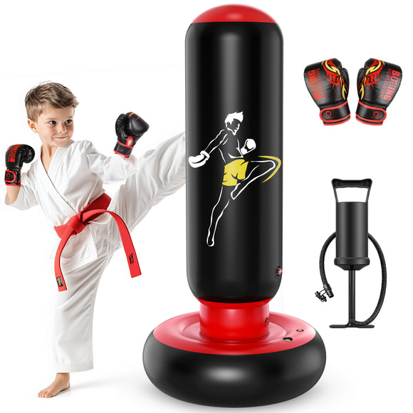 QPAU Kids Punching Bag Toy with Boxing Gloves, 66 Inch Larger Stable Kids Inflatable Boxing Bag Set, Gifts for Boys & Girls Age 6-12, for Practicing Karate, Taekwondo, MMA (Black&Red) QPAU