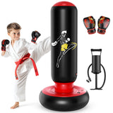 QPAU Kids Punching Bag Toy with Boxing Gloves, 66 Inch Larger Stable Kids Inflatable Boxing Bag Set, Gifts for Boys & Girls Age 6-12, for Practicing Karate, Taekwondo, MMA (Black&Red) QPAU