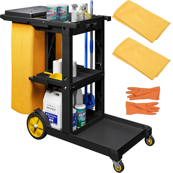 Cleaning Carts on Wheels, Janitorial Cart, 3-Shelf Commercial Traditional, Black YITAHOME