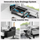 Ewaiira Dish Drying Rack, 304 Stainless Steel Dish Racks for Kitchen Counter, Dish Drainers with Automatic Drainage, Utensil Holder & Cups Holder, Space Saving Kitchen Organizer, Black 16.5''x12.6''