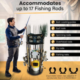 Rush Creek Creations Fishing Rod Holder - 17 Rod Capacity, 360 Rotating Rack for Garage Organization and Storage, Fishing Reels & Gear, Black Engineered Wood