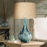 Possini Euro Design Kenya Modern Tropical Table Lamp with USB Dimmer 29 1/2" Tall Blue Green Glaze Ceramic Beige Linen Drum Shade for Bedroom Living Room House Home Bedside Nightstand Office Family