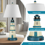 WIHTU Table Lamps Set of 2, Bedside Lamps with Dual USB Charging Ports, 3-Way Dimmable Modern White Blue Lighthouse Touch Control Nightstand Lamps for Living Bedroom, Bulbs Included