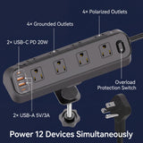 Desk Clamp Power Strip 6FT, Flat Plug Charging Station, Black