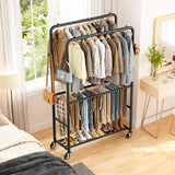 ZHKINGGS Clothes Racks for Hanging Clothes, Rolling Clothing Rack with Pants Rack, Side Hooks & Shoe Shelf, Portable Garment Rack for Bedroom, Laundry Room, Clothing Store, Closet, Black