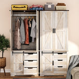 GlouMod 71" Tall Farmhouse Armoire Wardrobe Closet with 3 Drawers and Sliding Barn Door, 3 Doors Wooden Wardrobe Cabinet Clothing Storage Cabinet Organizer, Neoclassical White