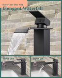KUZOR Matte Black Waterfall Bathroom Faucet – Single Hole 304 Stainless Steel Sink Faucet with Metal Pop-Up Drain, Low-Profile Design for Modern Vanities