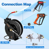 FIXFANS Pressure Washer Hose Reel with Hose for Hot and Cold Water, 3/8" X 50 FT Steel Auto-Retractable High Power Wash Hose Reel, Heavy Duty Hose Reel - Wire Braided Hose 4000 PSI, Black