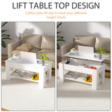 Haiput Wam Lift-Top Coffee Table with Storage Shelf & Secret Compartment | Classic Solid Wood Adjustable Height Table for Living Room, Compact Dining Area, Studio（39.4in White）
