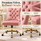 Pink Velvet Home Office Desk Chairs, Armless Vanity Chair with Wheels