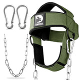 DMoose Fitness Neck Harness for Weight Lifting - Soft Padded Head & Chin Strap with 30" Heavy Duty Steel Chain - Neck Exerciser, Trainer & Strengthener to Support Injury Recovery (Military Green)