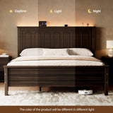 Uteeran Queen Size Bed Frame with Tall Headboard, Mid Century Modern Wood Platform Bed with Charging Ports and LED Lights, Solid Wood Slat Support, No Box Spring Needed, Easy Assembly, Walnut Brown
