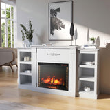 BELLEZE Modern 70" Electric Fireplace Heater Mantel TV Stand & Media Entertainment Center for TVs up to 68" with Energy-Efficient Heater with Sound and Side Book Shelves - Lenore (White)
