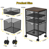 BOHDK Rolling File Cart with 3 Storage Drawers, Wood & Mesh Hanging File Folder Organizer with Wheels Under Desk, File Cabinets, Black