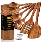 Wooden Spoons for Cooking, 6PCS Teak Wood Cookware Utensil Set with Hooks - Smooth Finish, Non-Stick, Comfortable Grip, Heat Resistant Kitchen Utensils