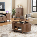 ONBRILL 43.3" Oval Lift Top Coffee Table with Hidden Compartment, Fluted Wood Coffee Table with Sliding Door, Mid-Century Modern Lift Tabletop Dining Table for Living Room, Home Office, Walnut