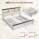 EnHomee Queen Bed Frame with Headboard, and 4 Storage Drawers, LED Lights & Charging Ports,No Box Spring Needed for Apartment,Noise-Free,Wooden, White