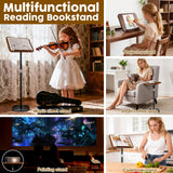 2 in 1 Dual-use Music Stand & Desktop Book Stand, Adjustable Height 16.5"-51", 100% Solid Wood Laptop Floor Stand Book Holder with Elastic Page Clips for Cookbooks (Black Walnut)