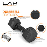 CAP 150 LB Rubber Coated Hex Dumbbell Hand Weight Set with Vertical Storage Rack | Black Handle