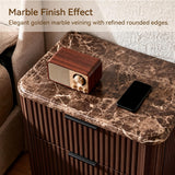 Lerivos Modern Fluted Nightstand Set of 2 with 3 Drawers, 22.8" Wide Wooden Bedside Table in Walnut, Faux Marble Top, Metal Handle, Curved Silhouette Design for Bedroom, Living Room, Office